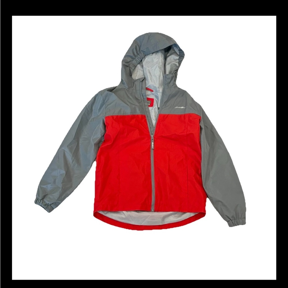 Eddie Bauer Boys Gray Red Windbreaker Full Zip Rain Jacket Size Large 14 16